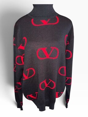 Vintage Valentino Studio Sweater V Logo Turtleneck Merino Wool Italy Black Red